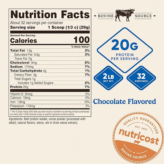 Nutricost Beef Protein Isolate Powder Chocolate (2 Pounds) - 20 Grams Protein Per Serving GMO-Free + Gluten-Free