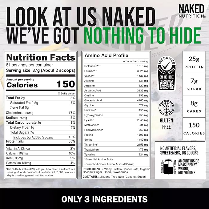 NAKED Strawberry Whey Protein Powder 5LB (61 Servings) + PB Powdered Peanut Butter 1.5LB (45 Servings) – Bulk Grass-Fed Non-GMO Gluten Free Soy Free Vegan