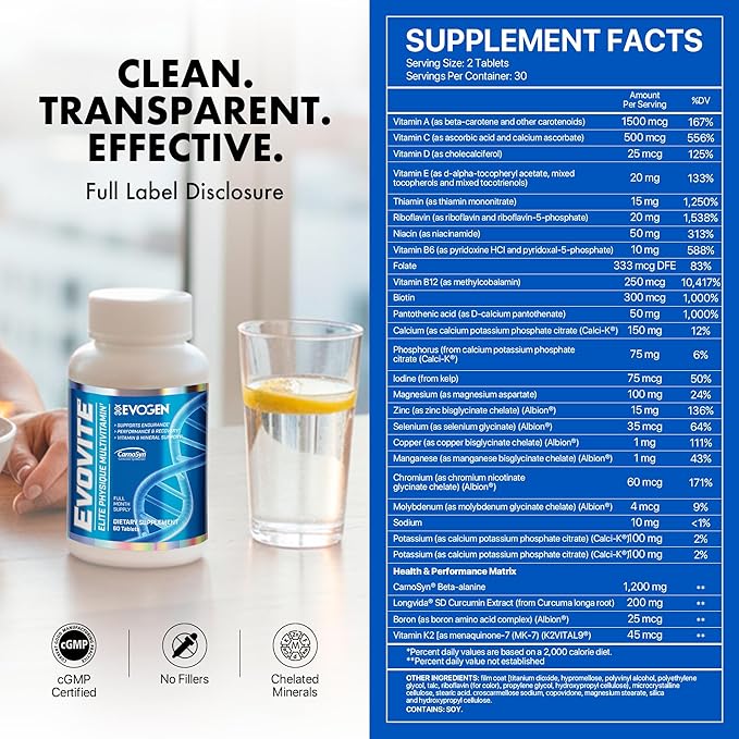Evogen Evovite - Elite Physique Multivitamin for Women &amp Men | Advanced Formula for Endurance Recovery &amp Joint Health | Vitamins &amp Mineral Support | 30 Servings