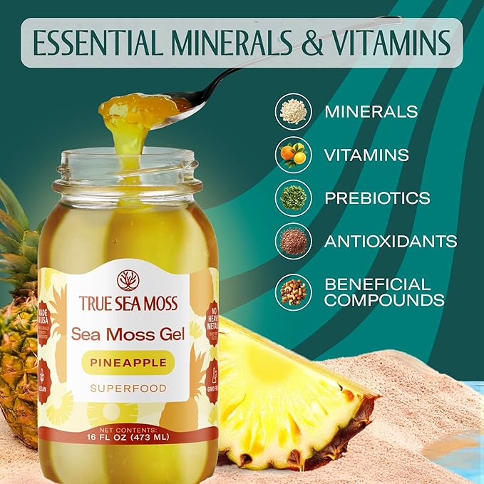 TrueSeaMoss Sea Moss Gel – Made in USA – Wildcrafted Seamoss Fruits &amp Jarred Vegetables – Pineapple Pack of 2 (Labels may Vary)