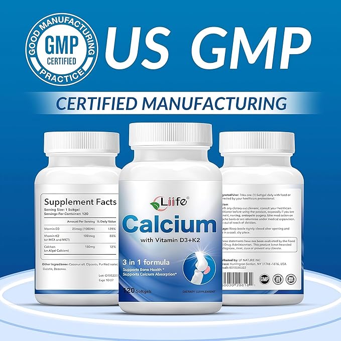 LIIFE 3-in-1 Calcium 150mg + Vitamin D3 1000iu + 100mcg K2（MK4 MK7） Natural Supplement Complex for Bone Health Joint Support and Cardiovascular Health 120 Softgels 60 Day Supply
