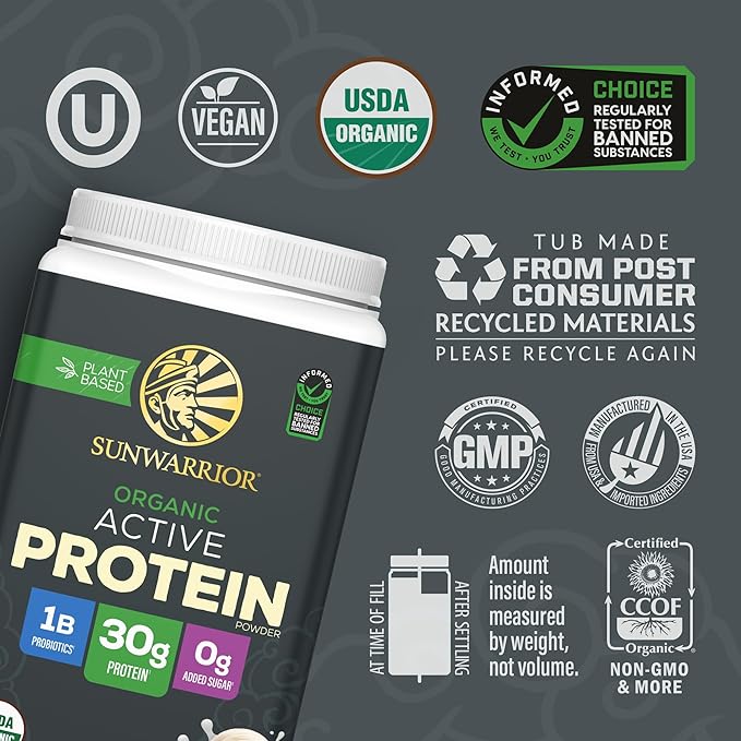 Sunwarrior Organic Plant Based Protein Powder | Vegan Organic Protein Powder with BCAA Amino Acids Plus Recovery Minerals &amp Botanicals | Non-GMO Soy Dairy &amp Gluten Free (Vanilla 20 Servings)