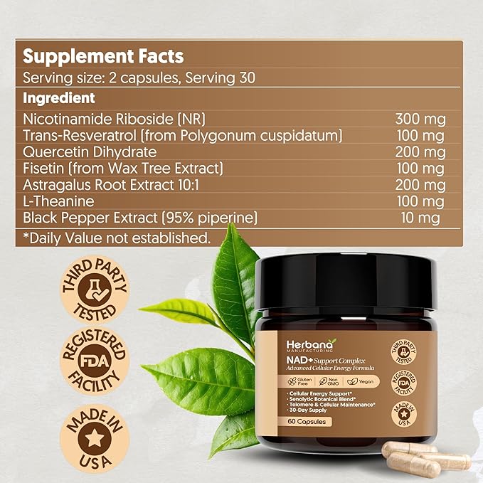 Herbana NAD+ Support Complex Advanced Cellular Energy Formula with Nicotinamide Riboside Trans-Resveratrol Quercetin 60 Capsules 30-Day Supply