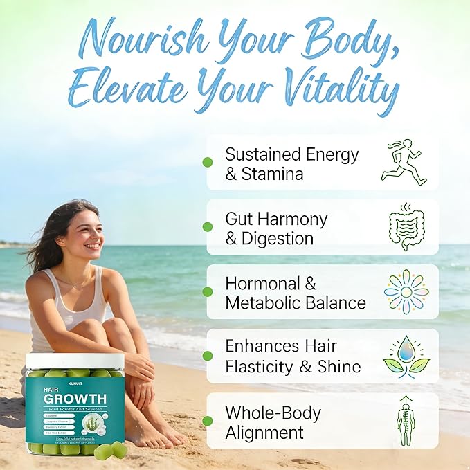Seaweed Hair Growth Gummies - Supports Faster Hair Growth Stronger Nails &amp Glowing Skin with Pearl Powder Liposomal Vitamin C Vitamin E &amp Aloe Vera - 5X Refined Formula 60 Count for Women