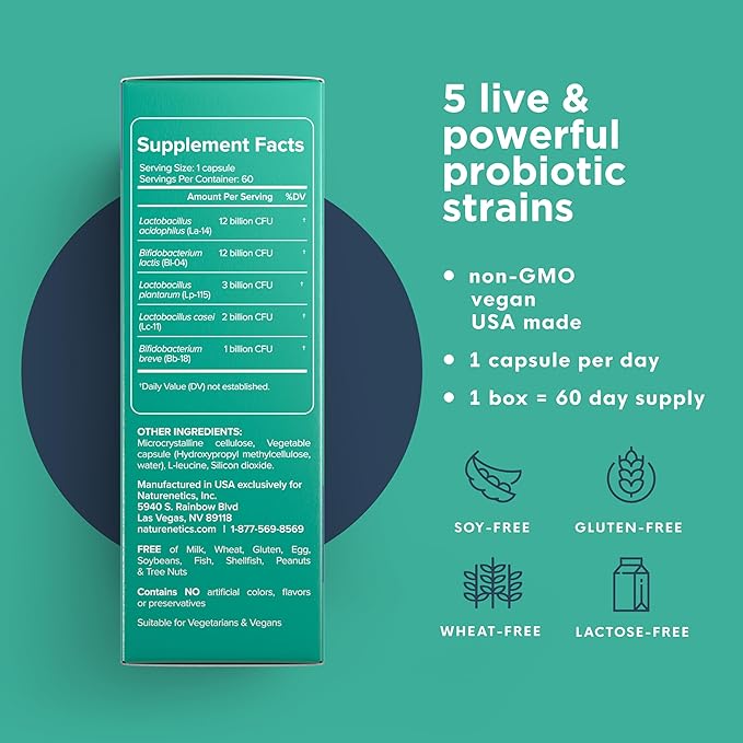 Probiotics 30 Billion CFU - 5 Strains to Support Digestive and Immune Health for Women and Men - Individually Foil Wrapped Shelf Stable - Gluten and Dairy Free Vegan - 60 Capsules - 60 Day Supply