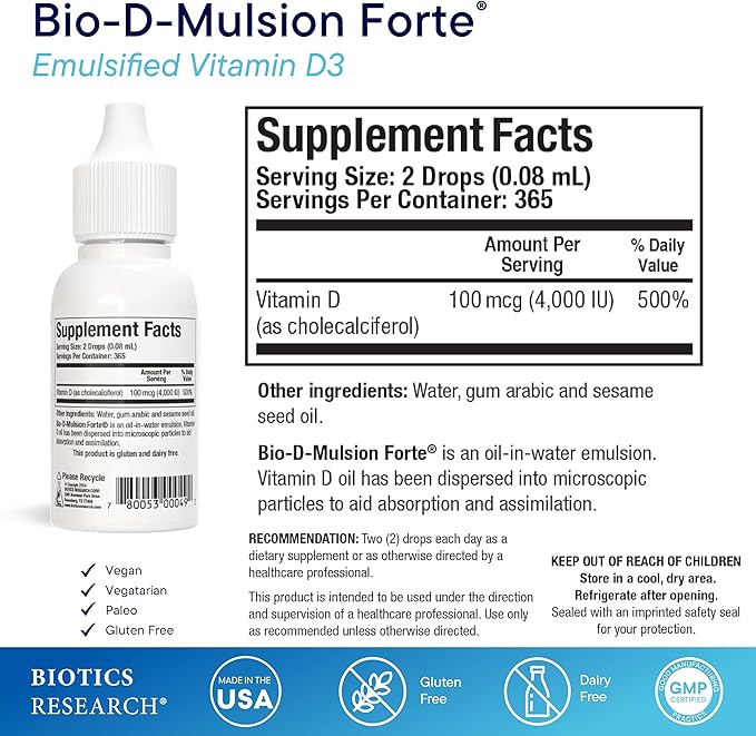 Biotics Research Bio-D-Mulsion Forte Liquid Vitamin D Drops 4000 IU – Vitamin D3 2000iu /Drop for Adults –Best Absorption Strengthens Bones Supports Cardiovascular &amp Immune System -1 fl oz