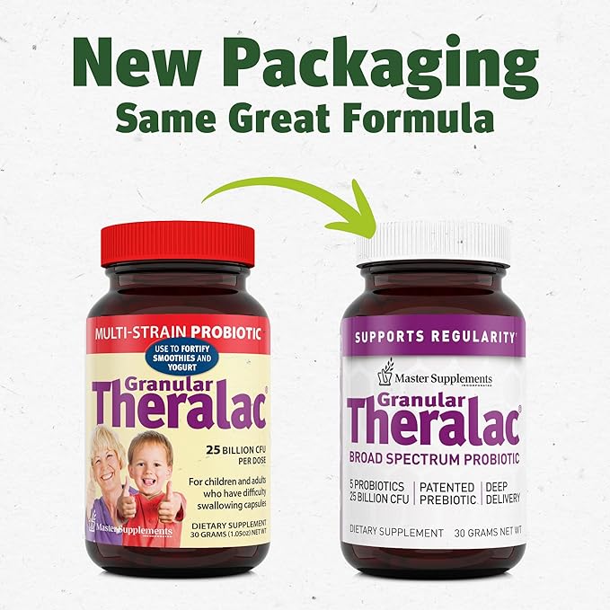 Master Supplements Granular Theralac - 1.05 oz Pack of 2 - Multi-Strain Probiotic Powder for Optimal Gut Health - Great for Kids - Vegan Gluten Free - 80 Total Servings
