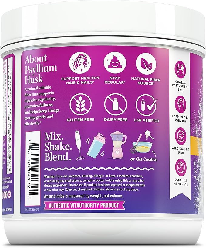 Vitauthority Multi Collagen Protein Powder + Fiber Supplement Collagen Types I II III V &amp X | Hair Skin Nail &amp Digestive Support | Vitamin C &amp Hyaluronic Acid Unflavored 30 Servings