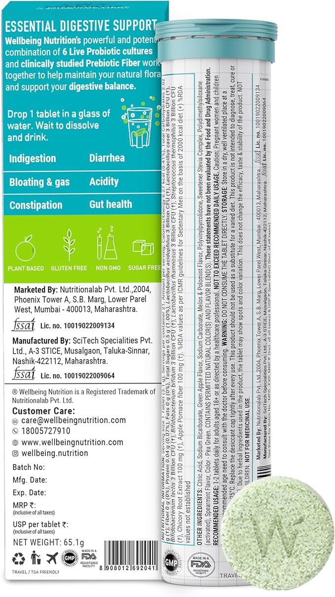 WELLBEING NUTRITION Daily Probiotic + Prebiotic| Plant Based |18 Billion CFU 6 Strains for Men &amp Women with Organic Prebiotic Fiber for Digestion Gut Health Metabolism | 42 Effervescent Tabs