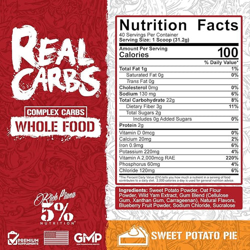 5% Nutrition Rich Piana Real Carbs with Real Food Complex Carb Powder Long-Lasting Low Glycemic Energy for Pre-Workout/Post-Workout Recovery Meal 2.75 lb 40 Servings (Sweet Potato Pie)