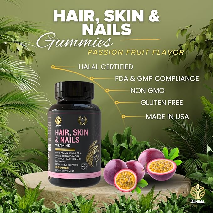 Halal Hair Skin &amp Nails Gummies with Collagen &amp Biotin – Beauty Support for Women | 60 Gummies – Halal Certified Non-GMO Made in USA