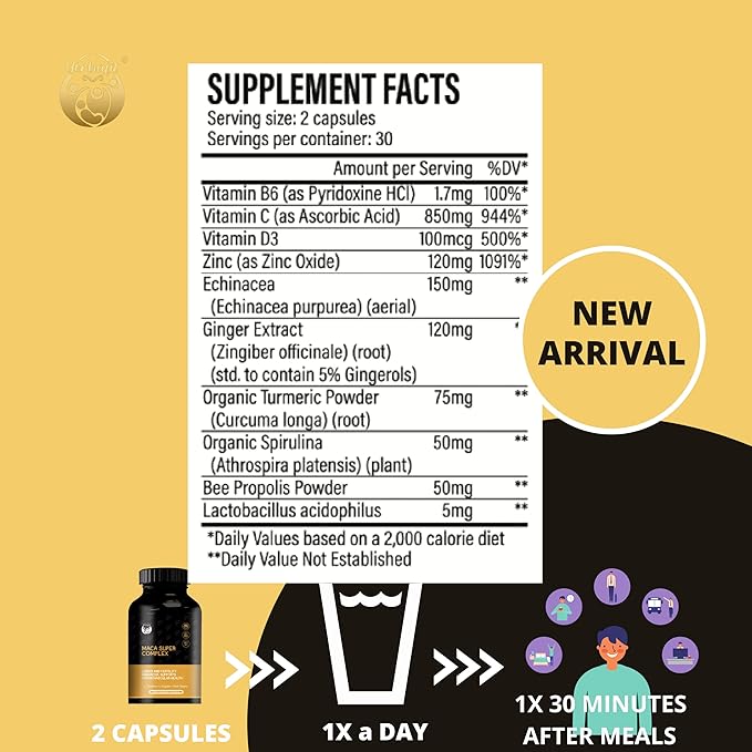 Defense support Strengthen your immune system and protect your health with10-in-1 combination of Vitamins C D3 B6 Zinc Echinacea Ginger Turmeric Spirulina Propolis and Probiotics. 60 cap