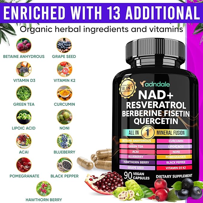 Adndale Liposomal NAD Supplement. Longevity Formula NMN Supplement Alternative. 90CT Advanced NAD+ Resveratrol