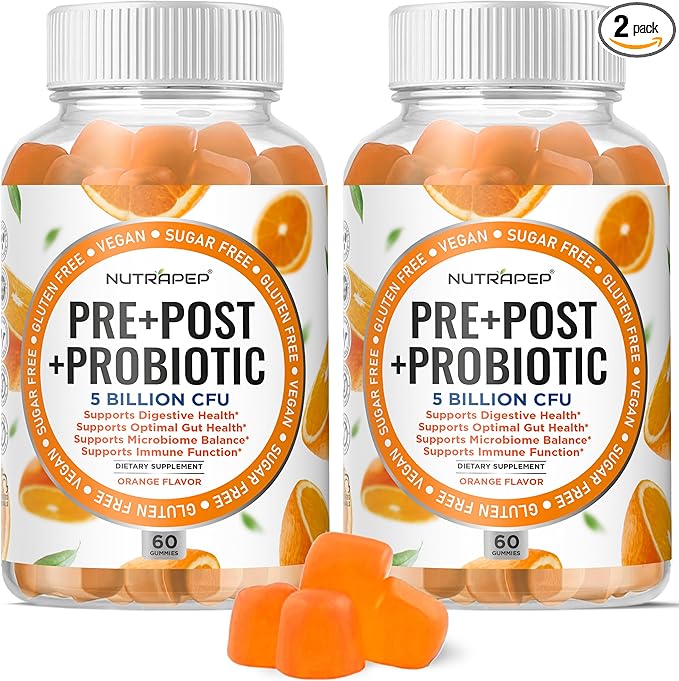Prebiotic Probiotic &amp Postbiotic Gummies for Women Men &amp Kids Children - High Potency 5 Billion CFU - Sugar-Free &amp Gluten 60 Count (Pack of 2)