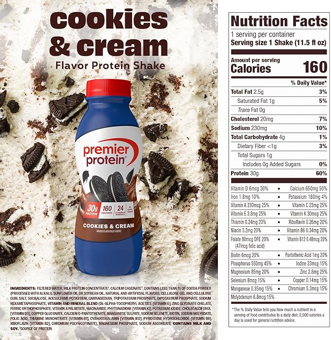 Premier Protein Shake Cookies &amp Cream 30g Protein No Added Sugar 24 Vitamins &amp Minerals to Support Immune Health 11.5 fl oz 12 Pack