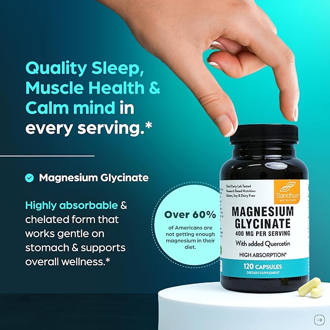 Magnesium Glycinate 400mg High Absorption Capsules with Quercetin | Quality Sleep Relaxation &amp Muscle Health Supplement for Women and Men | Chelated Magnesium 120 Count (Pack of 3) | Easy to Swal