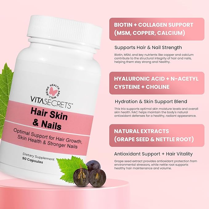 Vitasecrets Hair Skin &amp Nails Super Blend – 90 Capsules with Biotin Collagen and Hyaluronic Acid for Healthy Hair Glowing Skin and Stronger Nails – Non-GMO Gluten-Free Made in The USA