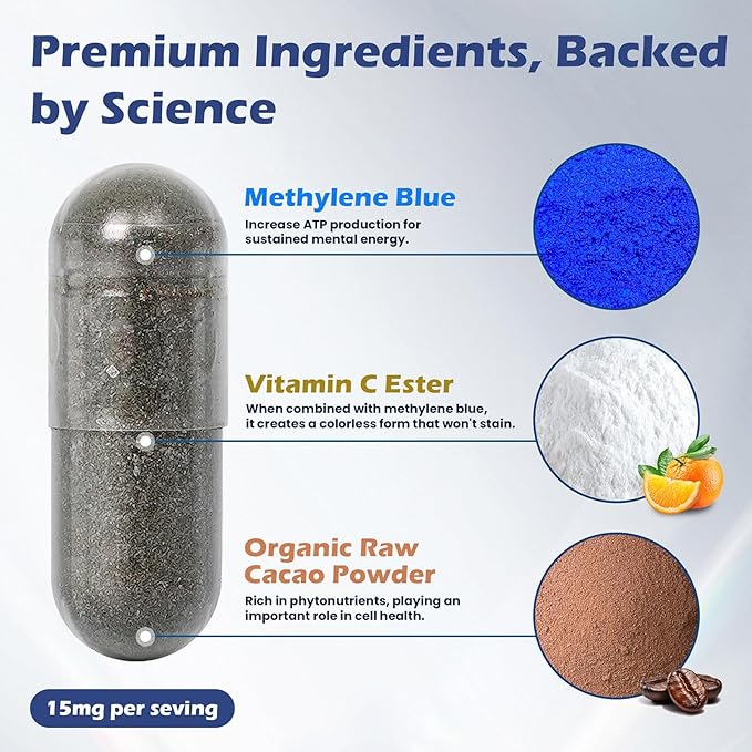 Methylene Blue Capsules 99.99% Purity USP Pharmaceutical Grade Methylene Blue for Humans Added Vitamin C Easter &amp Cocoa Powder 60 Capsules