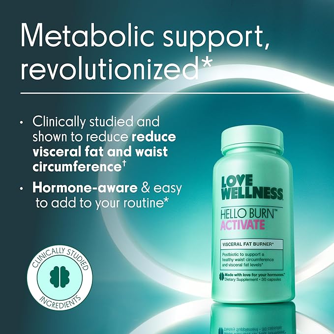 Love Wellness Hello Burn Activate | Support Visceral Fat Burn with HT BPL1 Postbiotic | Supports Healthy Waist Circumference Longevity and Metabolic Wellness | 30 Count (Pack of 2)