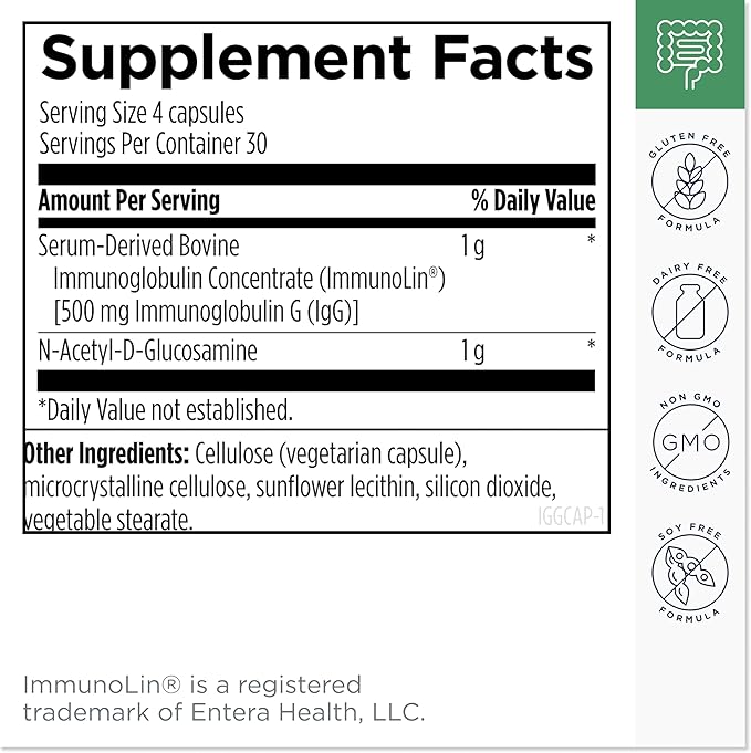 Designs for Health IgGI Shield - Gut Health &amp Immune Support Powder with Dairy-Free ImmunoLin Immunoglobulin and NAG - Help Bind &amp Remove Toxins and Fortify the Intestinal Barrier (120 Capsule