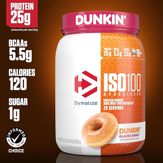 Dymatize ISO100 Hydrolyzed Protein Powder 100% Whey Isolate 25g of Protein 5.5g BCAAs &amp ISO100 Hydrolyzed Protein Powder 100% Whey Isolate Dunkin' Glazed Donut Flavor
