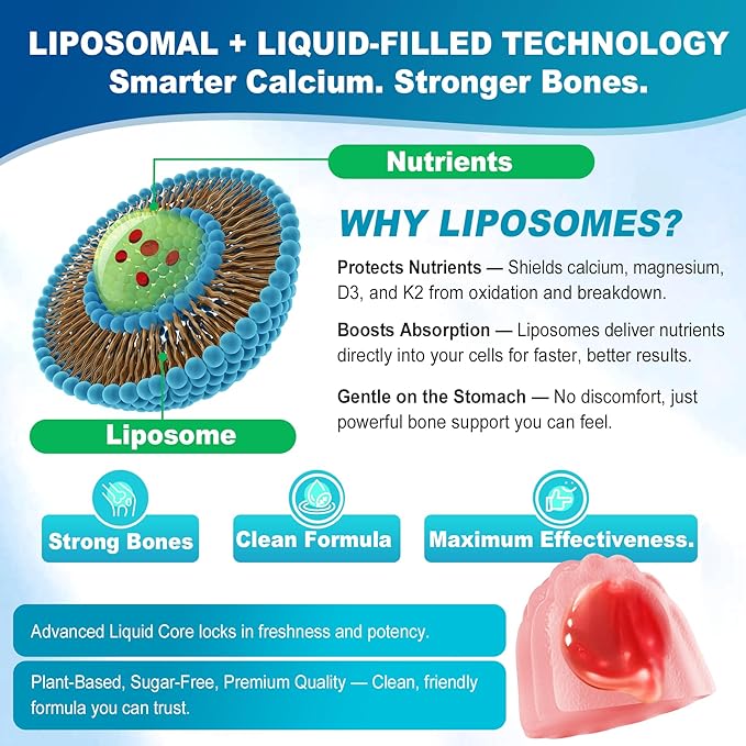 Calcium Supplements for Women Men - Liposomal Calcium 1000mg With Vitamin D3 K2 Magnesium Glycinate Zinc Boron Silica for Bone Health - Sugar Free Calcium Magnesium Zinc Gummies Vegan 60 Count