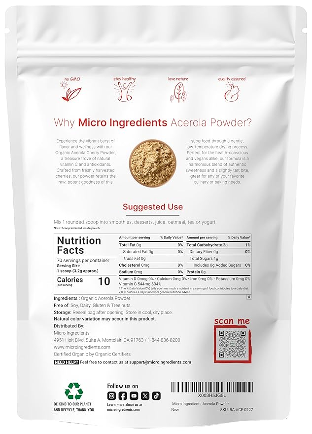 Organic Acerola Powder 8oz | Natural Organic Vitamin C Superfood | No Sugar &amp Additives | Great Flavor for Drinks Smoothie &amp Beverages | Non-GMO &amp Vegan Friendly Brazil Origin