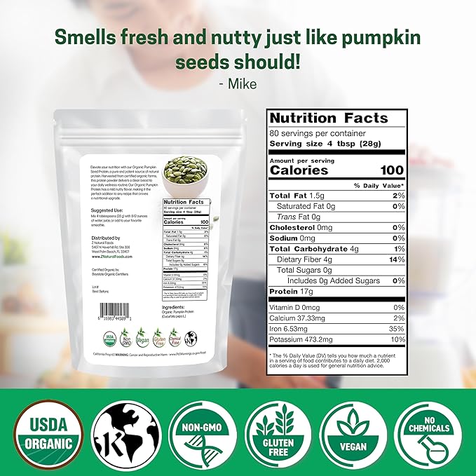 Z Natural Foods Organic Pumpkin Seed Protein Powder - Nutrient-Dense Fiber Supplement Vegan Pumpkin Protein Powder for Hair Skin Nails Muscle Health - Ideal for Smoothies Shake Baking Recipes 5 lbs