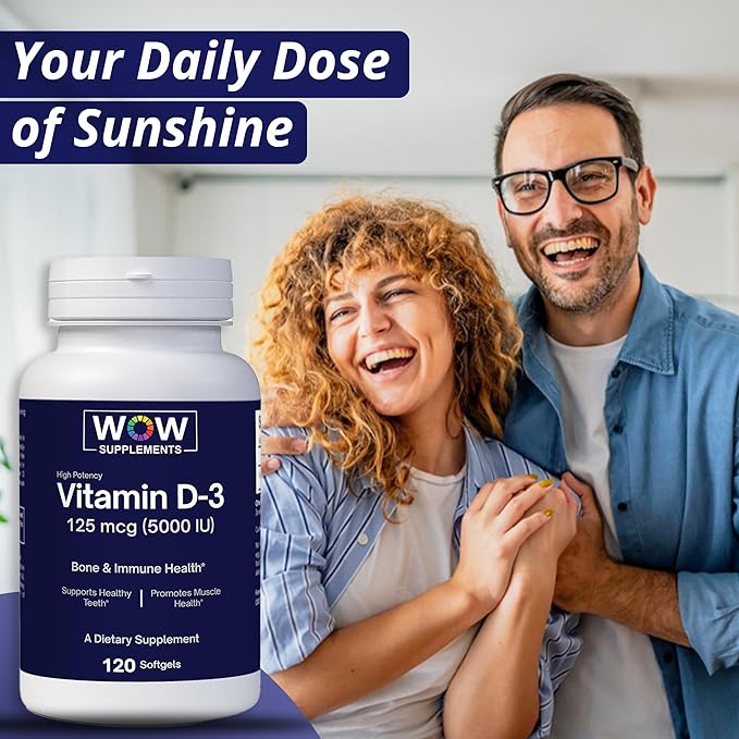 WOW Supplements Vitamin D3 5000 IU Softgels 125 mcg - Vitamin D3 5000IU Supplement for Strong Bones and Immune Support - Non-GMO Gluten Free Vitamin D 5000 IU - VIT D3 5000 IU Softgels - 120 Count