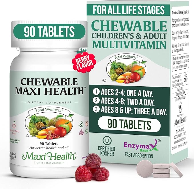 Maxi Health Chewable Multivitamin for Kids Teens and Adults - Cherry Chewable Vitamins for Adults &amp Children - Kosher Kids Multivitamin + Iron (90 Tablets)
