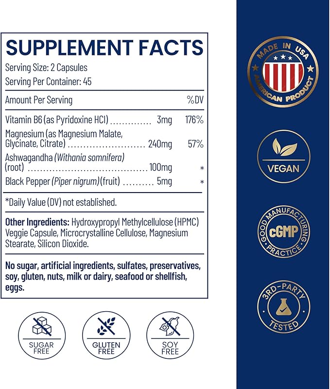 Magnesium Ashwagandha Complex | High-Absorption Multi Magnesium for Stress Sleep Muscle &amp Heart Health | Vegan Non-GMO Gluten-Free Made in USA 90 Capsules