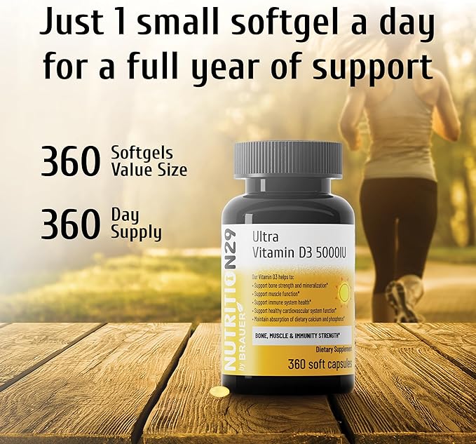 Vitamin D3 5000 IU (125 mcg) with USP-Grade Provitas® Vitamin D3 Dual Olive &amp MCT Oil for Enhanced Absorption Bone Muscle &amp Immune Support Non-GMO 360-Day Supply