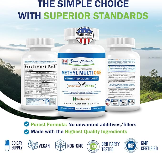Power By Naturals Methyl Multi One - Iron-Free Methylated Multivitamin with Quatrefolic 5-MTHF Active B12 P5P CoQ10 &amp Zinc for MTHFR Support - Energy &amp Focus Formula - 60 Capsules (2-Month