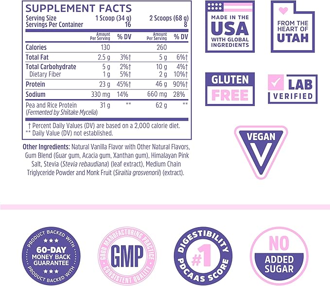 Zhou Plant Complete Vegan Protein Powder - Plant Based Protein Powder for Women &amp Men Non Dairy Rice &amp Pea Protein Blend for Smoothies and Shakes 21g Per Serving - Vanilla 17.7oz (16 Servin