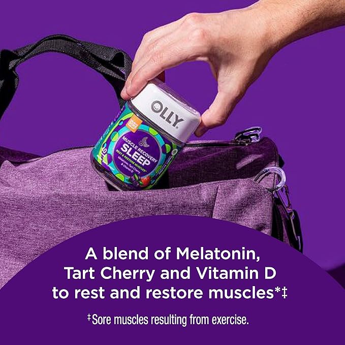 OLLY Muscle Recovery Sleep Gummies Sleep and Sore Muscle Support 3mg Melatonin Tart Cherry &amp Probiotic + Prebiotic Gummy Digestive Support and Gut Health 500 Million CFUs Fiber