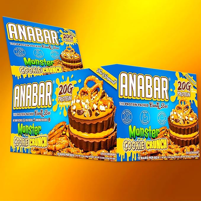 Anabar Protein Bar The Protein-Packed Candy Bar Amazing Tasting Protein Bar No Sugar Alcohols High Protein Amazingly Delicious 20 Grams of Protein (12 Bars Monster Cookie Crunch)