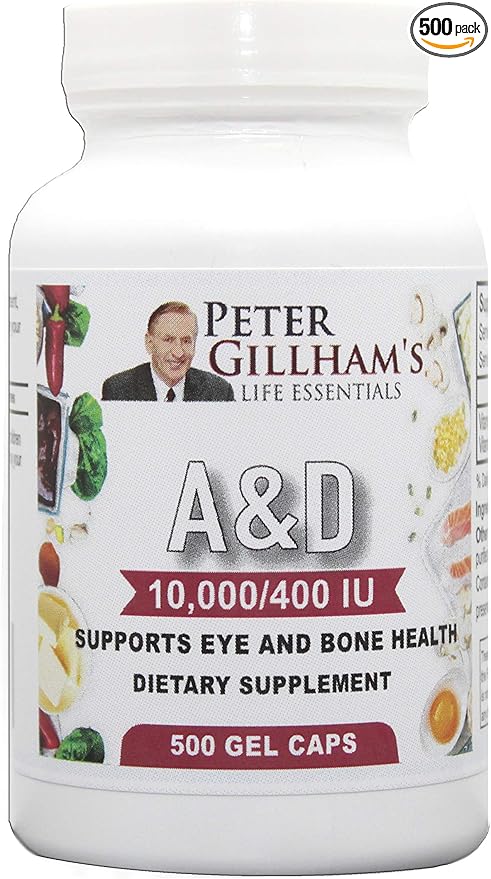 Peter Gillham's Life Essentials Vitamin A &amp D (10000IU &amp 400IU) 500 Gels Support Immune System Strong Bones &amp Teeth Essential for Eye &amp Skin Health. Gluten Free. Made in USA