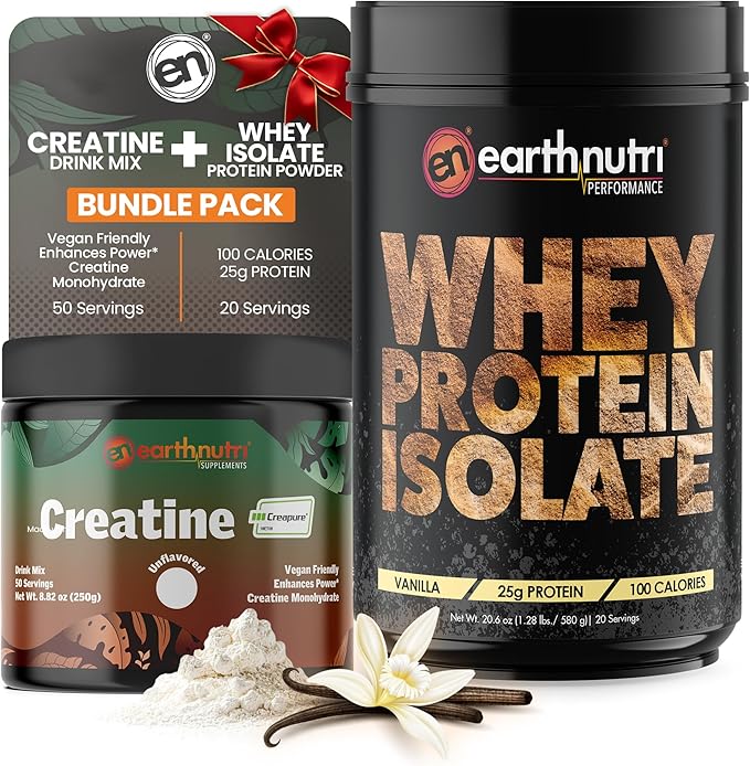 EarthNutri Whey Isolate Protein &amp Creatine Monohydrate Powder Bundle - Ideal for Men &amp Women Post Workout Regimen Endurance &amp Daily Fitness Routine - 25g Protein Vanilla Flavor &amp Un