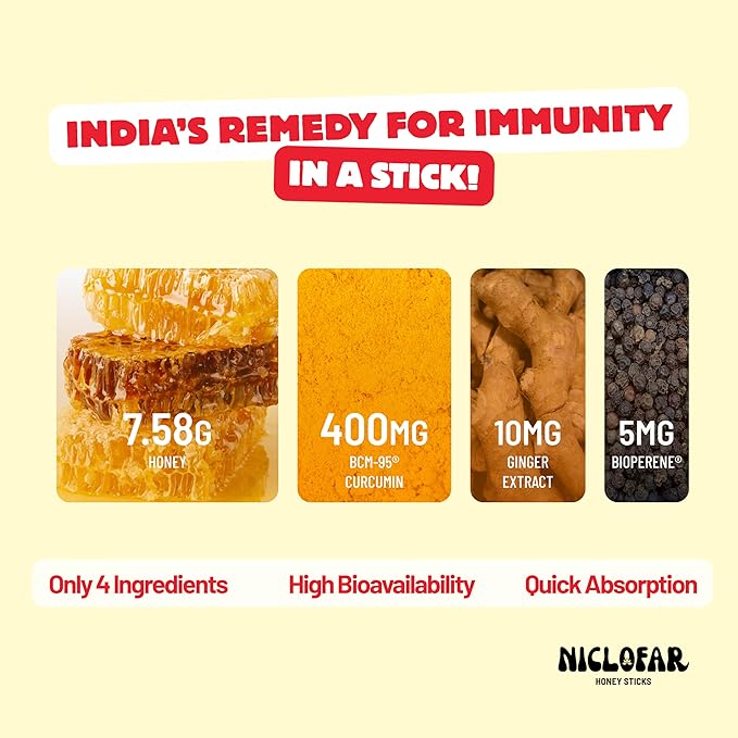 BCM 95 Curcumin Turmeric Ginger Honey Immunity Sticks 400 mg high absorption Curcugreen with BioPerine (Black Pepper) | Common Allergy | Digestive | Gut Health | Bone Health | Turmeric Latte