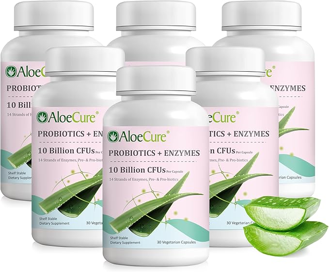 AloeCure Daily Probiotics 10 Billion CFU for Digestive Support 8 Strains 6 Prebiotics &amp Enzymes - Digestive Supplement with Bromelain for Women &amp Men - Gut Support Digestive Relief 30 Caps