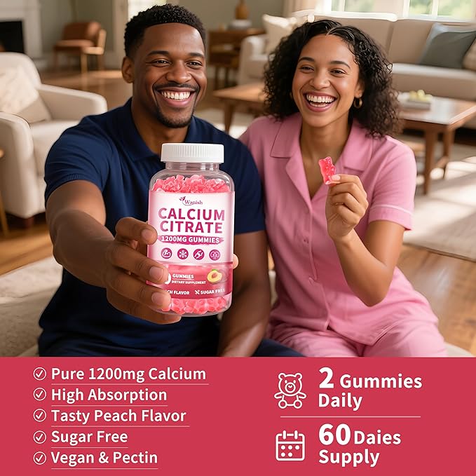 (2 Pack) Calcium Citrate 1200 mg Gummies Supplements for Women &amp MenPure Calcium Citrate Gummies for Bone Muscle &amp Immune Support - Easy to Digest Sugar FreeVeganPeach Flavor60 Day Suppl
