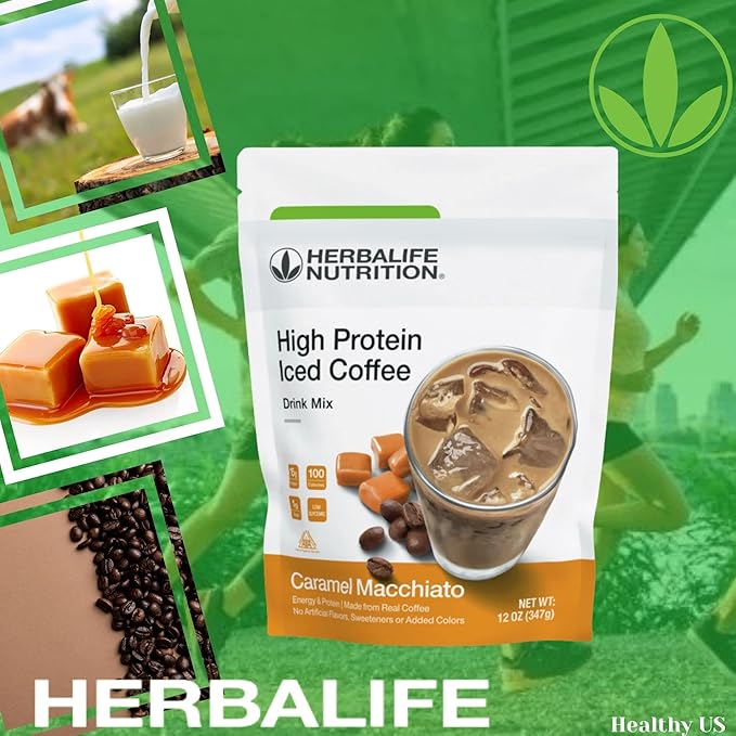 HERBALIFE NUTRITION High Protein Iced Coffee Drink Mix: (Caramel Macchiato 12 oz 347g) Energy and Protein Made From Real Coffee Low fat c
