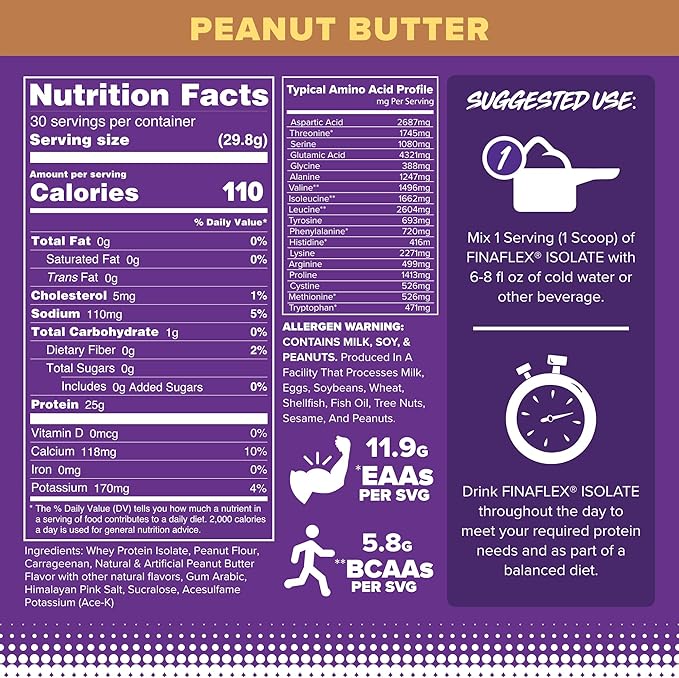 FINAFLEX ISOLATE Peanut Butter - 2 lb - 25 Grams of Iso Protein Per Serving - Milkshake-Like Taste - Zero Sugar Zero Fat &amp Gluten Free - 30 Servings