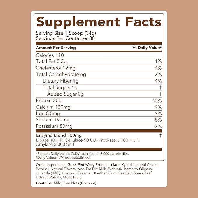 Clean Simple Eats Whey Protein Powder Chocolate Brownie Batter Flavor Naturally Sweetened 100% Grass Fed Protein Powder with Digestive Enzymes &amp No Artificial Ingredients Gluten Free 30 Servin