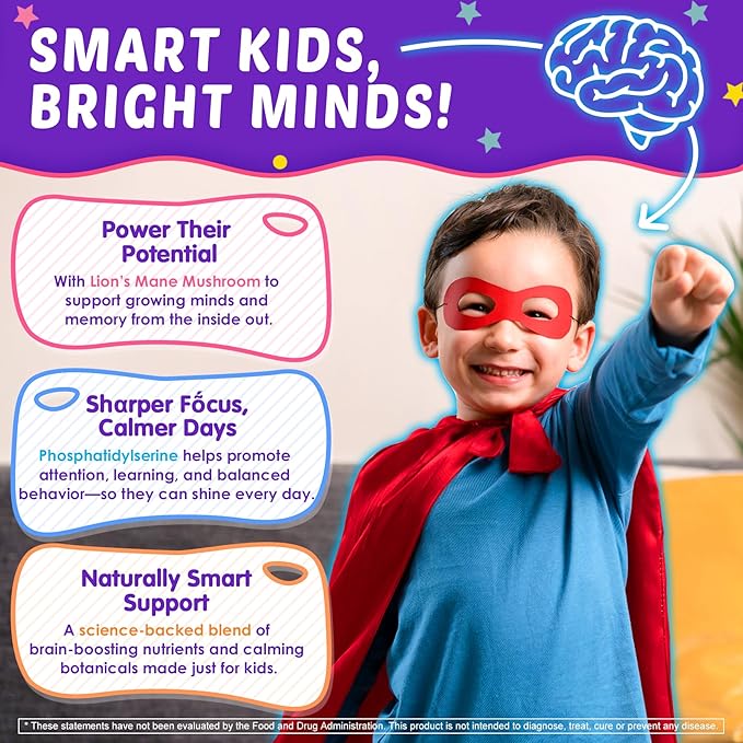 Kids Calcium Gummies + D3 &amp Magnesium +Kids Brain Gummies with Lion's Mane Mushroom Methyl B6 B9 B12 Supper Green