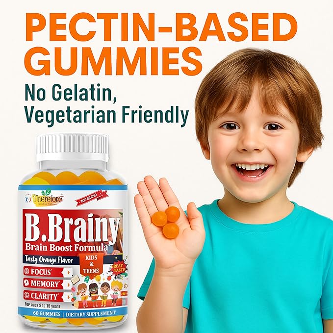 B.Brainy Focus Gummies for Kids &amp Teens Kids Focus and Attention Supplements Brain Focus Vitamins Vegan Omega 3 EPA/DHA Support Memory Clarity Concentration Low Sugar 60 Gummies