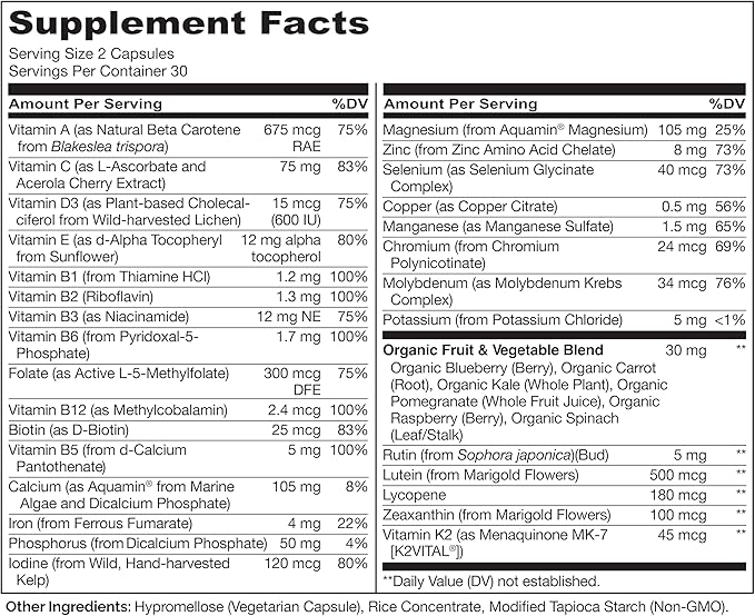 NATURELO Multivitamins for Teenage Girls/Boys 60 Capsules Whole Food Multivitamin with Minerals Non-GMO Vegetarian