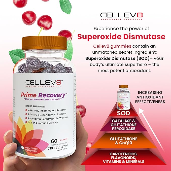 Cellev8 Prime Recovery Joint &amp Muscle Recovery Gummies - 60 Count - Antioxidant Cellular Health Daily Energy Wellness Supplements with SOD Tart Cherry - NSF Sport Formula Raspberry Flavor