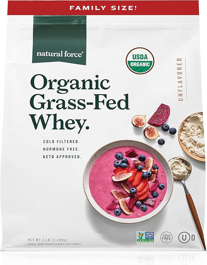Natural Force Grass Fed Organic Whey Unflavored A2 Protein Powder 5 LB Organic Clean Collagen Peptides Powder Unflavored 32oz