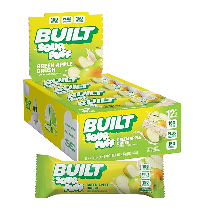 BUILT Bar Sour Puff Protein Bars - Green Apple Crush - 16g Protein Snack Bars with Collagen - Calorie Conscious &amp Gluten Free - 12 Count